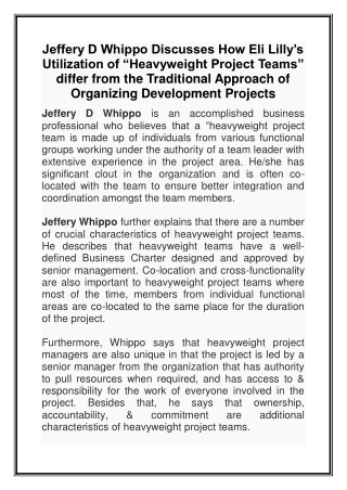 Jeffery D Whippo Discusses How Eli Lilly’s Utilization of “Heavyweight Project Teams” differ from the Traditional Approa