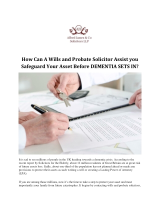 How Can A Wills and Probate Solicitor Assist you Safeguard Your Asset Before DEMENTIA SETS IN?