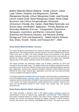 Battery Materials Market (Meterial - Anode (Lithium, Cobalt, Lead, Carbon, Graphite, and Magnesium), Cathode (Manganese
