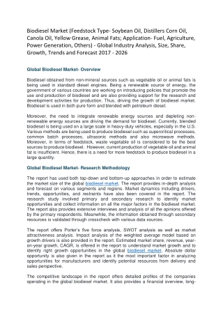 Biodiesel Market (Feedstock Type- Soybean Oil, Distillers Corn Oil, Canola Oil, Yellow Grease, Animal Fats; Application-