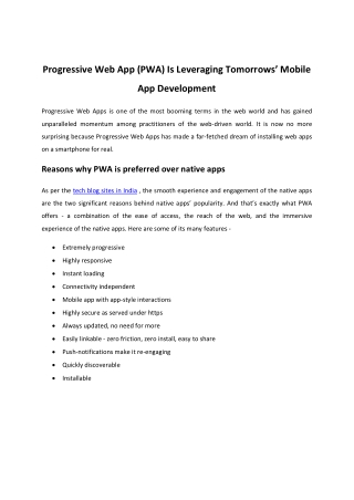 Progressive Web App (PWA) Is Leveraging Tomorrows’ Mobile App Development