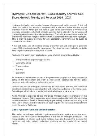 Hydrogen Fuel Cells Market - Global Industry Analysis, Size, Share, Growth, Trends, and Forecast 2016 - 2024