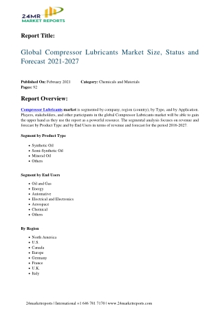 Compressor Lubricants Market Size, Status and Forecast 2021-2027