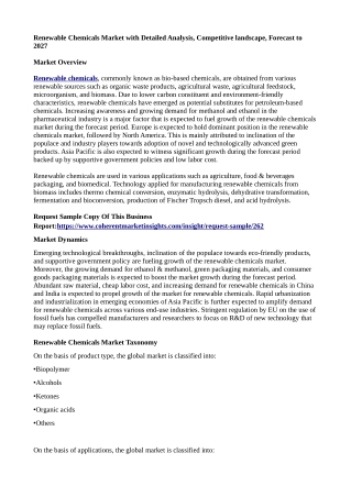 Renewable Chemicals Market with Detailed Analysis, Competitive landscape, Forecast to 2027