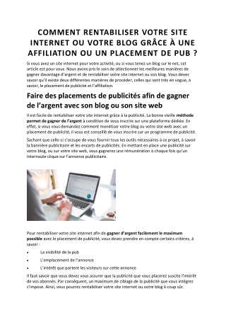 COMMENT RENTABILISER VOTRE SITE INTERNET OU VOTRE BLOG GRÂCE À UNE AFFILIATION OU UN PLACEMENT DE PUB ?