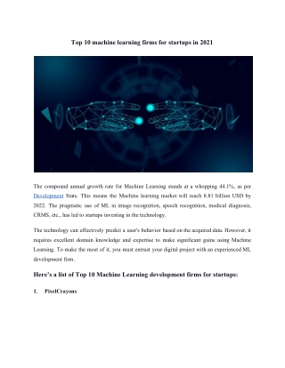 Top 10 Machine Learning Firms for Startups in 2021