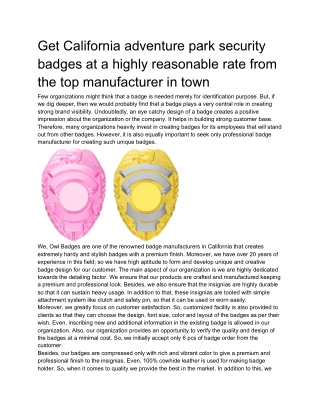 Get California adventure park security badges at a highly reasonable rate from the top manufacturer in town