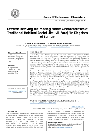 Towards Reviving the Missing Noble Characteristics of Traditional Habitual Social Life: “Al-Farej “In Kingdom of Bahrain