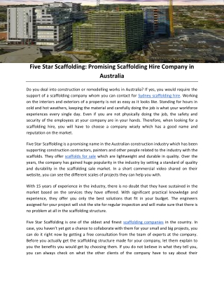 Five Star Scaffolding: Promising Scaffolding Hire Company in Australia