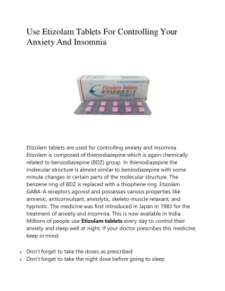 Use Etizolam Tablets For Controlling Your Anxiety And Insomnia