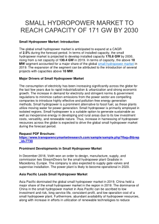 SMALL HYDROPOWER MARKET TO REACH CAPACITY OF 171 GW BY 2030