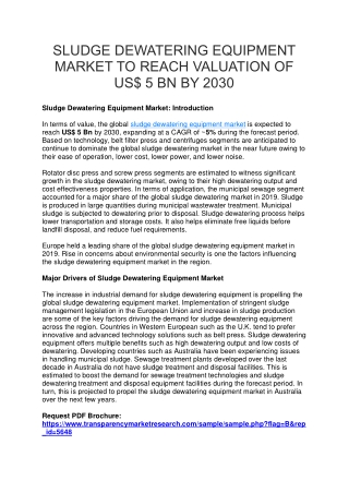 SLUDGE DEWATERING EQUIPMENT MARKET TO REACH VALUATION OF US$ 5 BN BY 2030