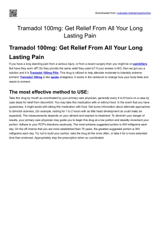 Tramadol 100mg: Get Relief From All Your Long Lasting Pain
