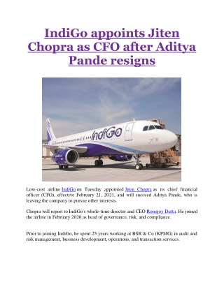 IndiGo appoints Jiten Chopra as CFO after Aditya Pande resigns