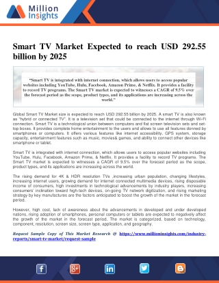 Smart TV Market Expected to reach USD 292.55 billion by 2025