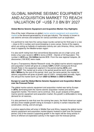 GLOBAL MARINE SEISMIC EQUIPMENT AND ACQUISITION MARKET TO REACH VALUATION OF ~US$ 7.0 BN BY 2027