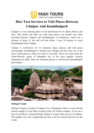 Hire Taxi Services to Visit Places Between Udaipur And Kumbhalgarh