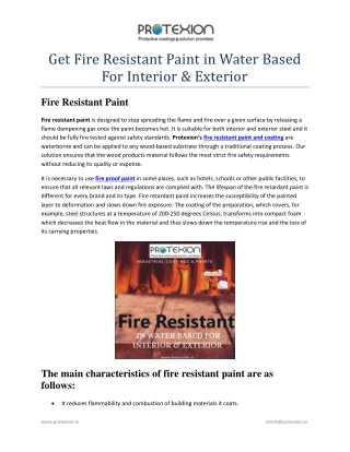 Get Fire Resistant Paint in Water Based For Interior & Exterior