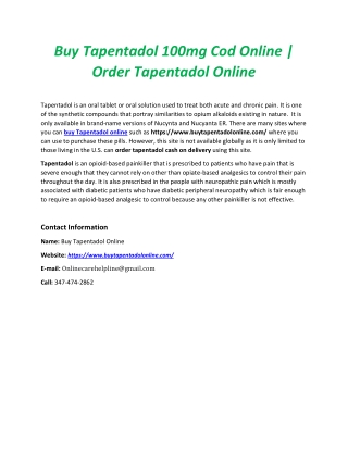 Buy Tapentadol 100mg Cod Online | Order Tapentadol Online
