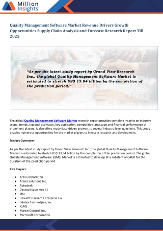 Quality Management Software Market Application Outlook, Key Manufacturers & Growth Prospects Mapping