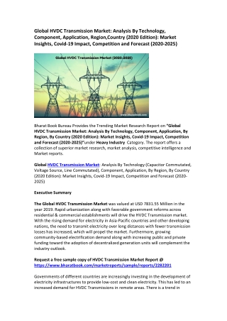 Global HVDC Transmission Market: Analysis By Technology, Component, Application, Region,Country (2020 Edition): Market I