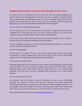 Helpful Information to Find the Best Plumber in Your Area