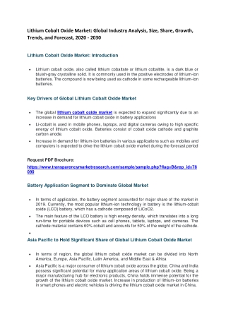 Lithium Cobalt Oxide Market: Global Industry Analysis, Size, Share, Growth, Trends, and Forecast, 2020 - 2030