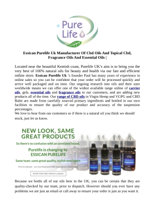 Essican Purelife Uk Manufacturer Of Cbd Oils And Topical Cbd, Fragrance Oils And Essential Oils