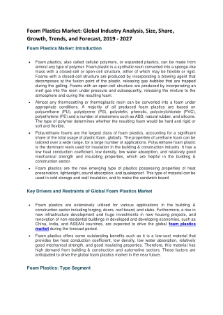 Foam Plastics Market: Global Industry Analysis, Size, Share, Growth, Trends, and Forecast, 2019 - 2027
