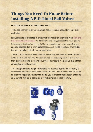 High-End PTFE Lined Ball Valves - Tflon Process Systems Canada Ltd