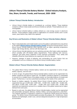Lithium Thionyl Chloride Battery Market - Global Industry Analysis, Size, Share, Growth, Trends, and Forecast, 2020 -203