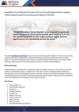 Breakfast Cereal Market Distributors | Marketing Channel Future Trend | Forecast Research Report