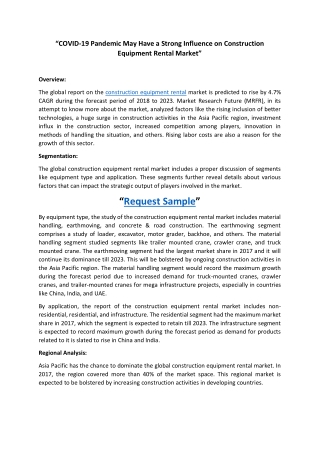 Construction Equipment Rental Market set to garner higher revenue globally