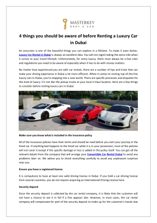 4 things you should be aware of before Renting a Luxury Car in Dubai