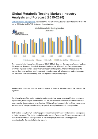 Global Metabolic Testing Market : Industry Analysis and Forecast (2019-2026)