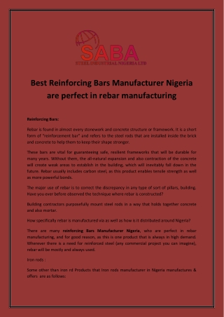 Best Reinforcing Bars Manufacturer Nigeria are perfect in rebar manufacturing