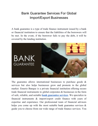 Bank Guarantee Services For Global Import/Export Businesses