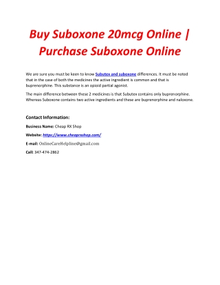 Buy Suboxone 20mcg Online | Purchase Suboxone Online