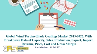 Global Wind Turbine Blade Coatings Market 2015-2026, With Breakdown Data of Capacity, Sales, Production, Export, Import,
