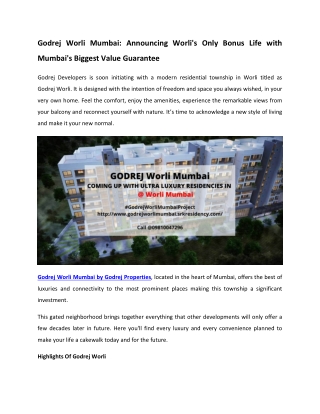 Godrej Properties Announce Godrej Worli Mumbai