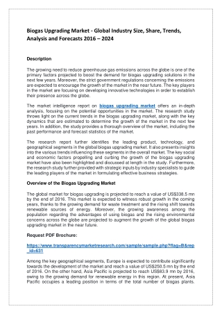 Biogas Upgrading Market - Global Industry Size, Share, Trends, Analysis and Forecasts 2016 – 2024