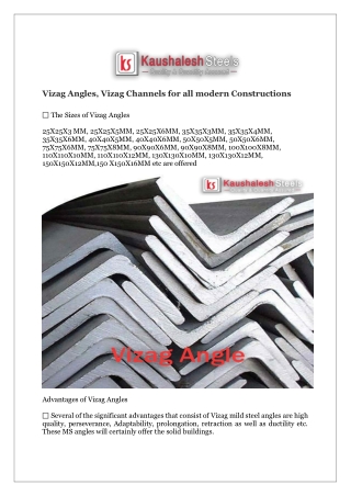 Vizag Angles, Vizag Channels for all modern Constructions