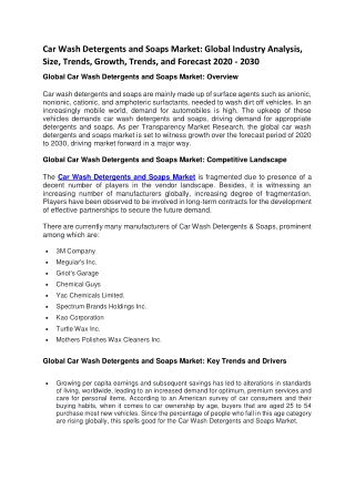 Car Wash Detergents and Soaps Market: Global Industry Analysis, Size, Trends, Growth, Trends, and Forecast 2020 - 2030
