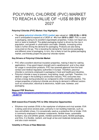 POLYVINYL CHLORIDE (PVC) MARKET TO REACH A VALUE OF ~US$ 88 BN BY 2027