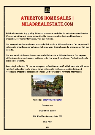 Atherton Home Sales | Miladrealestate.com