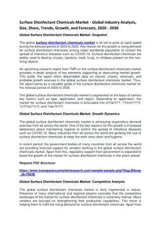Surface Disinfectant Chemicals Market - Global Industry Analysis, Size, Share, Trends, Growth, and Forecasts, 2020 - 203