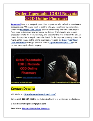 Order Tapentadol COD | Nucynta COD Online Pharmacy