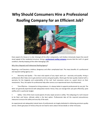 Why Should Consumers Hire a Professional Roofing Company for an Efficient Job?