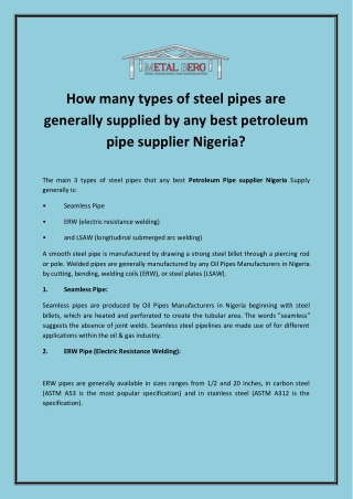 How many types of steel pipes are generally supplied by any best petroleum pipe supplier Nigeria?