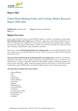 Road Marking Paints and Coatings Market Research Report 2020-2024